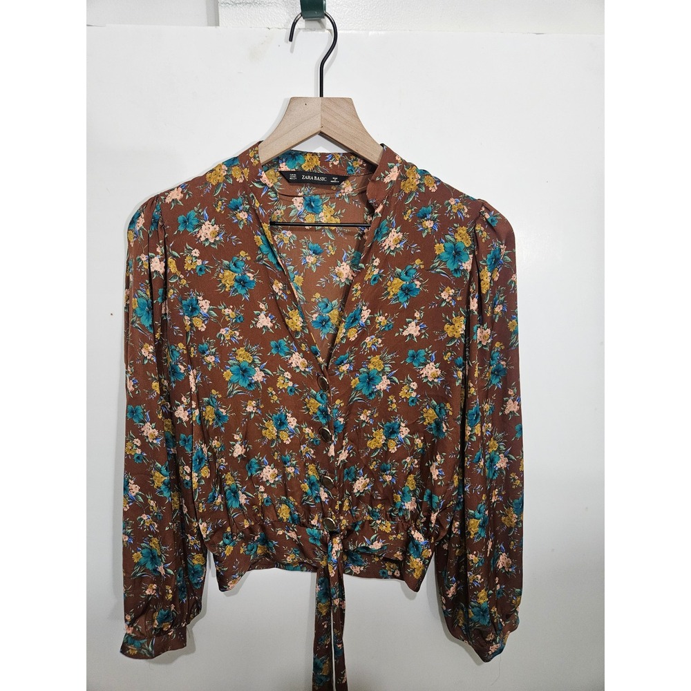 Zara Basic Floral V-Neck Tie Hem Cropped Blouse Brown Teal XS 8267/168/330